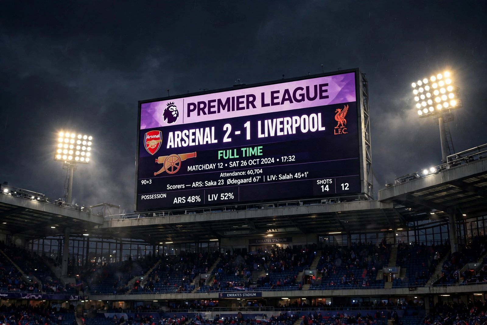 A football stadium scoreboard showing a Premier League match result under floodlights.