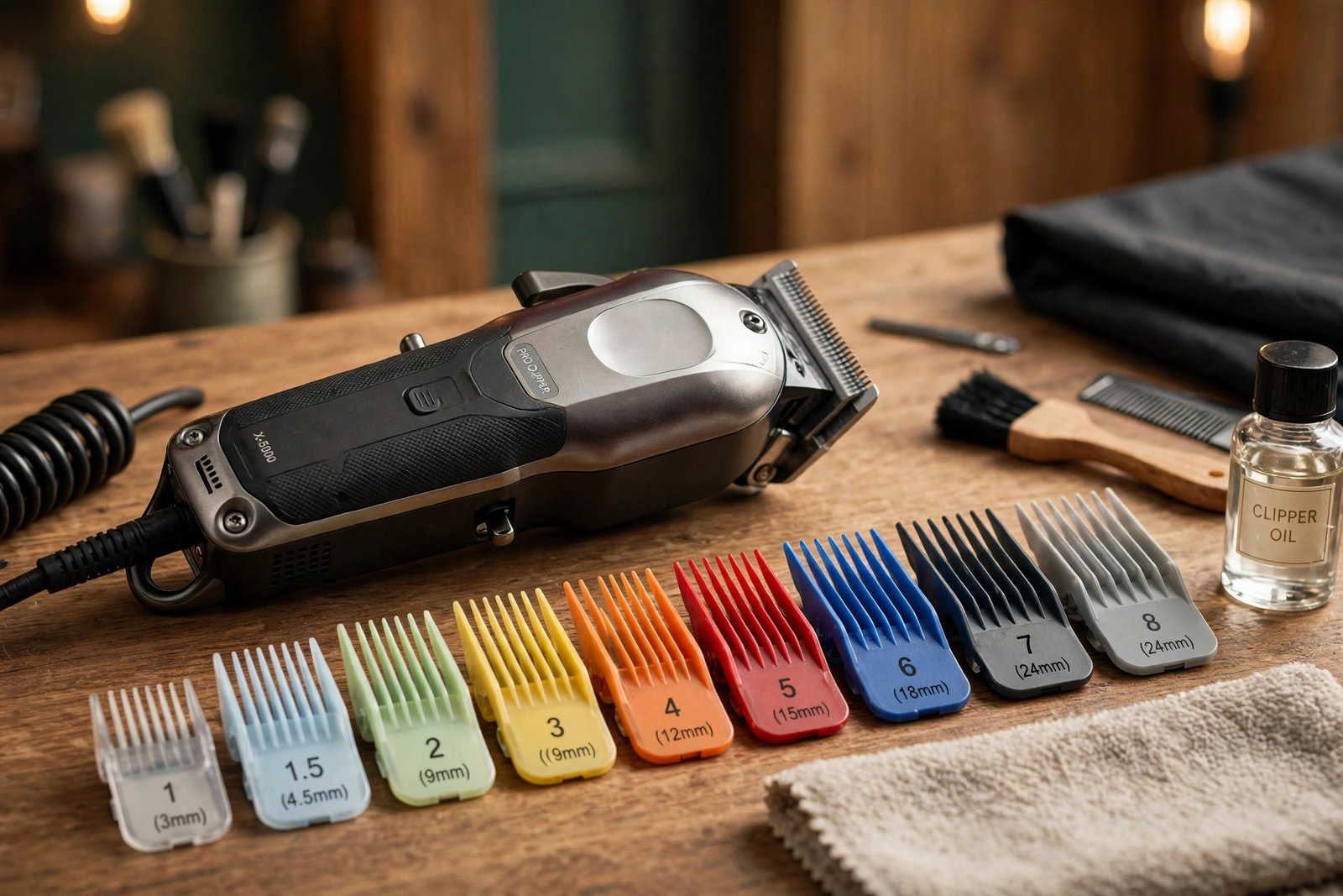 A professional hair clipper with guide combs laid out on a barber station.