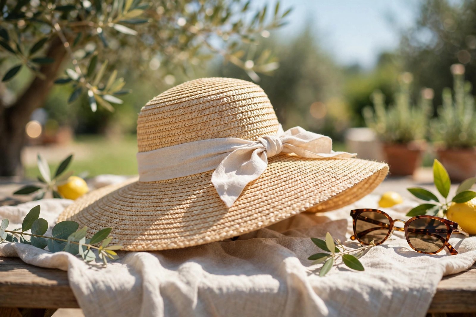 A wide-brim sun hat on a wooden table beside sunglasses on a bright summer day.