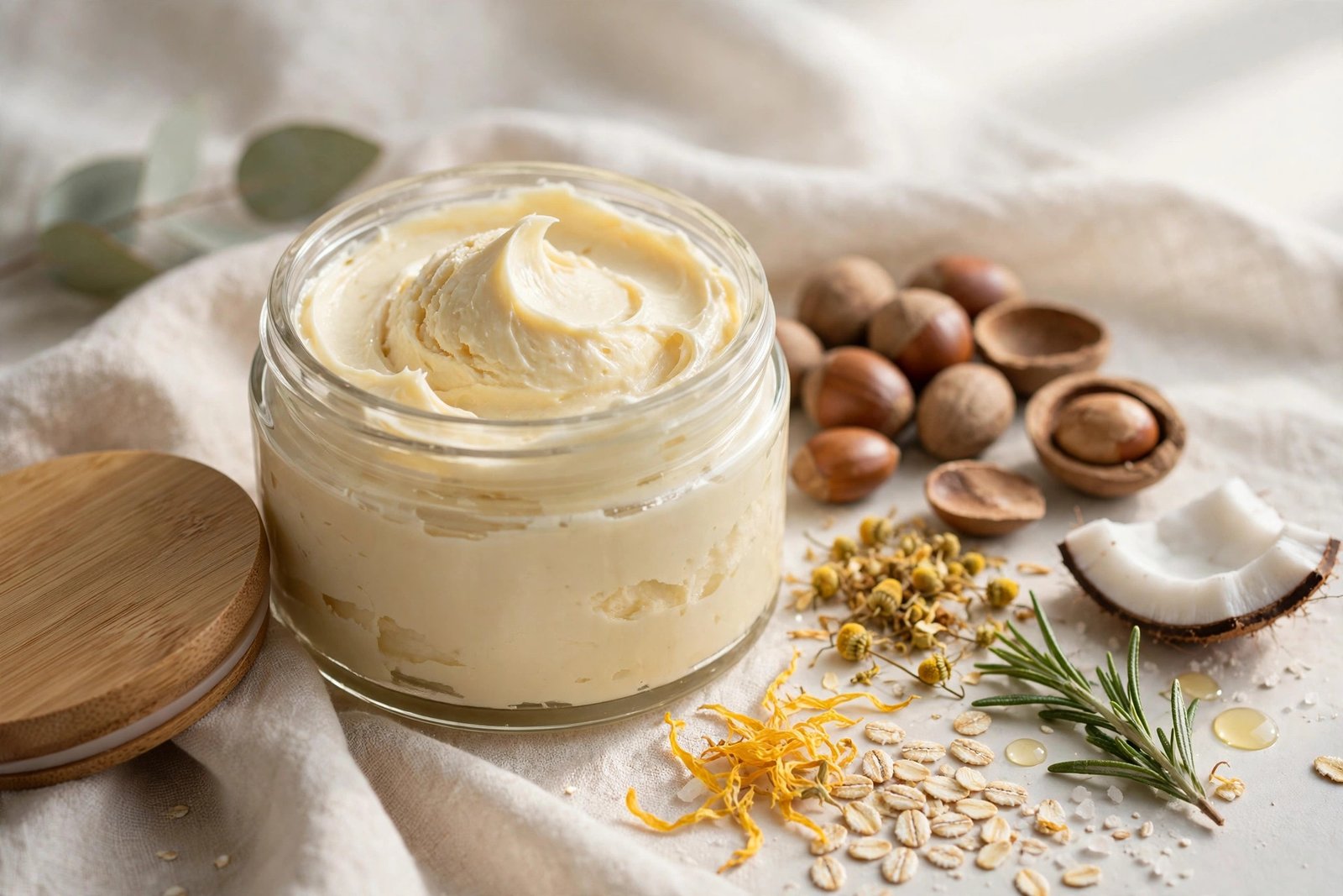 An open jar of body butter with shea nuts and a wooden spatula on a bathroom shelf.