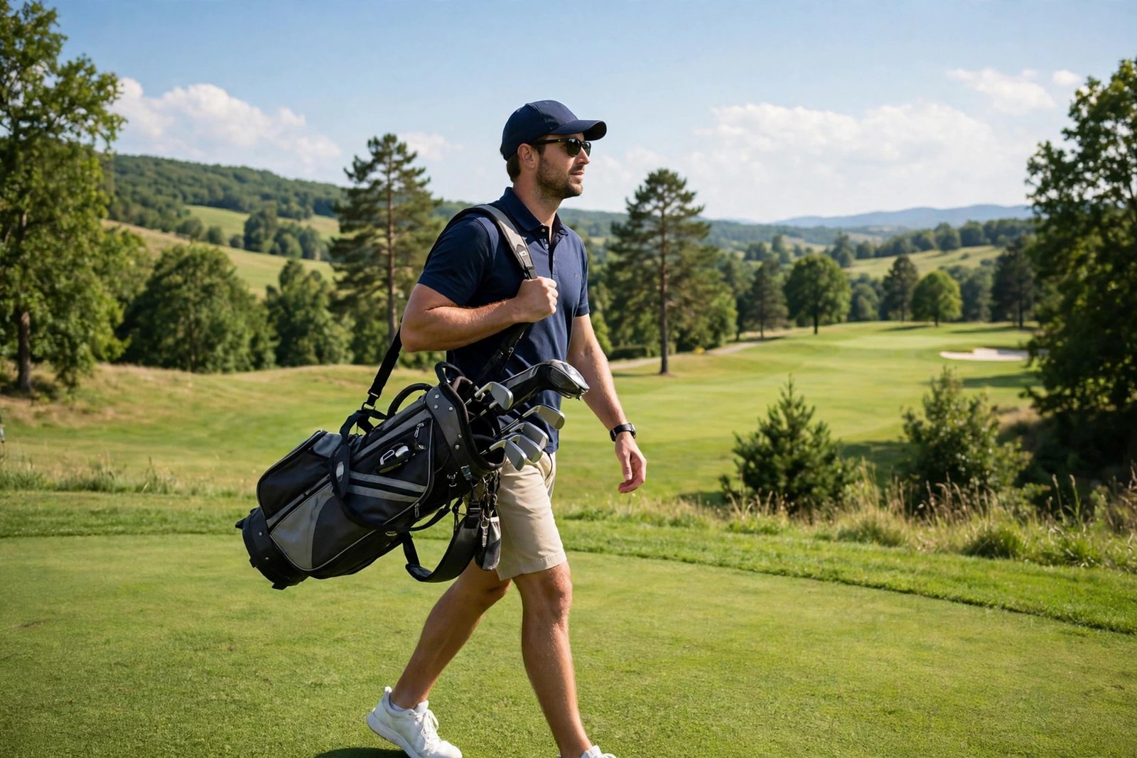 A golfer carrying a golf bag on a green golf course on a bright day.